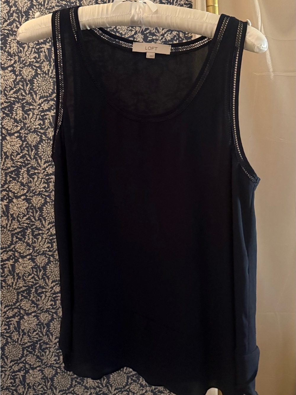 LOFT Navy Sleeveless Scoop Neck Top with Openwork Trim | L